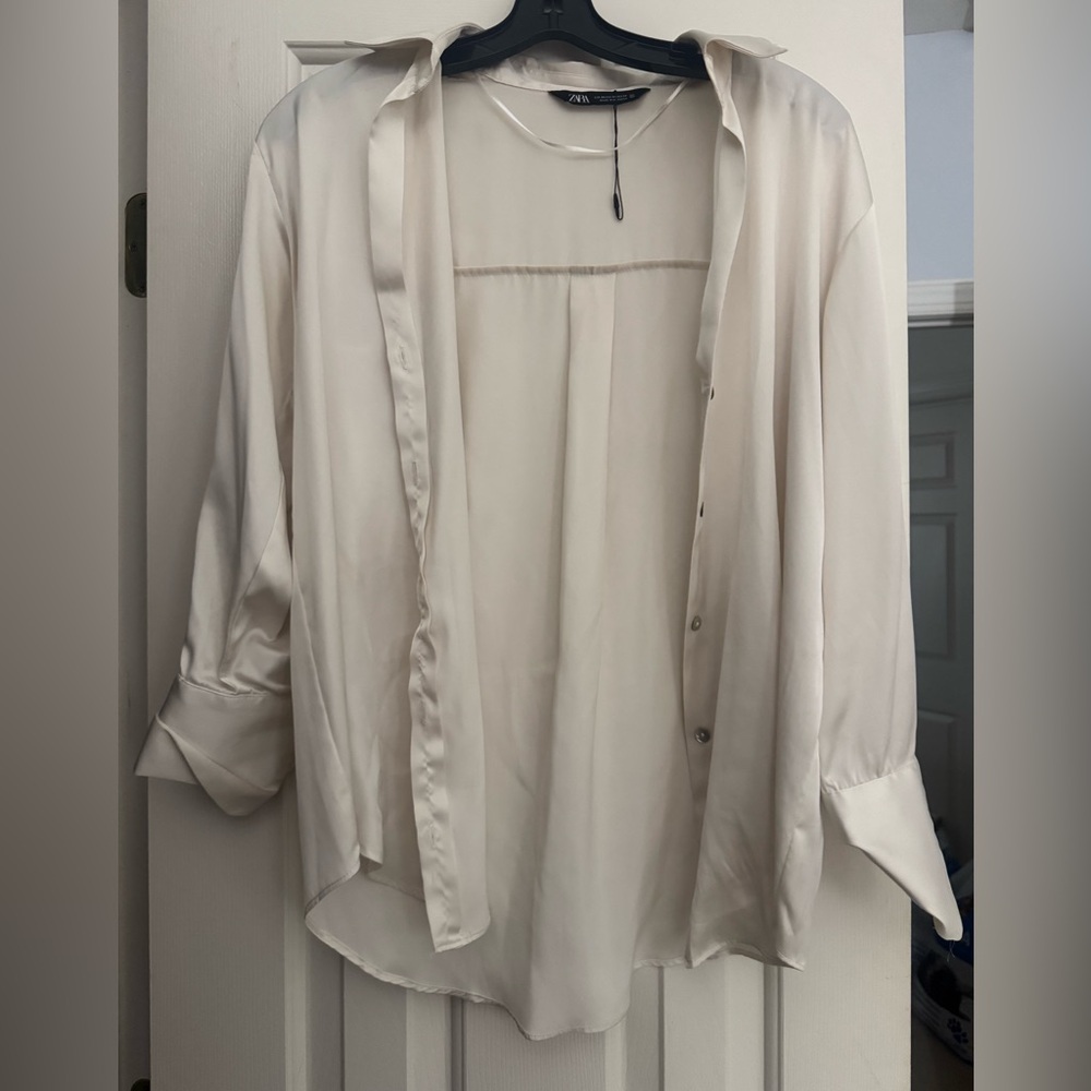 Zara Ivory Satin Button-Front Top